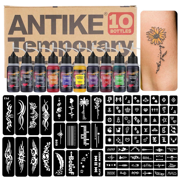 ANTIKE Temporary Tattoo Kit 10 Inks 80 Stencils For DIY Art Painting Party Gifts