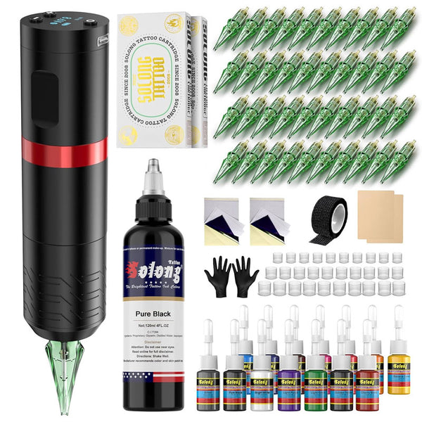 Solong OLED Display Screen Wireless Tattoo Pen Kit +15 Bottles Tattoo Inks